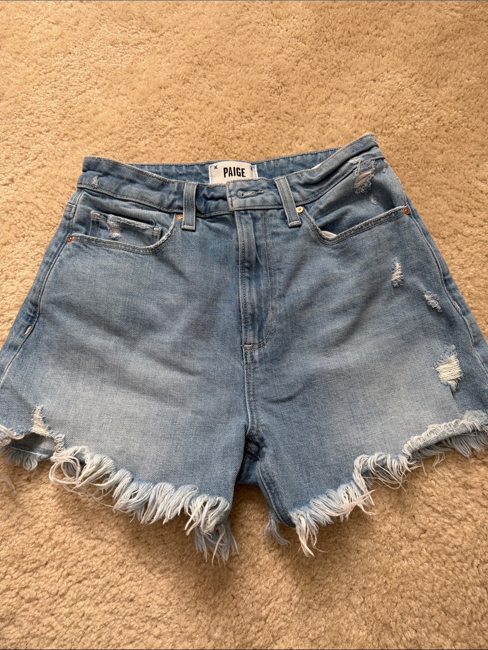 PAIGE Washed Light Blue High-Rise Distressed Denim Dani Shorts